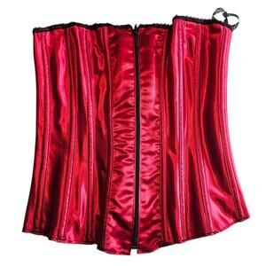 Vintage Y2K Mayela Womens Sz L Lace Up Corset Top Red Satin Black Trim